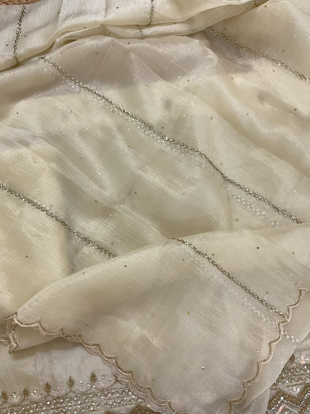 Soft Crushed Tissue Chiffon Embroidered Suit - Cream