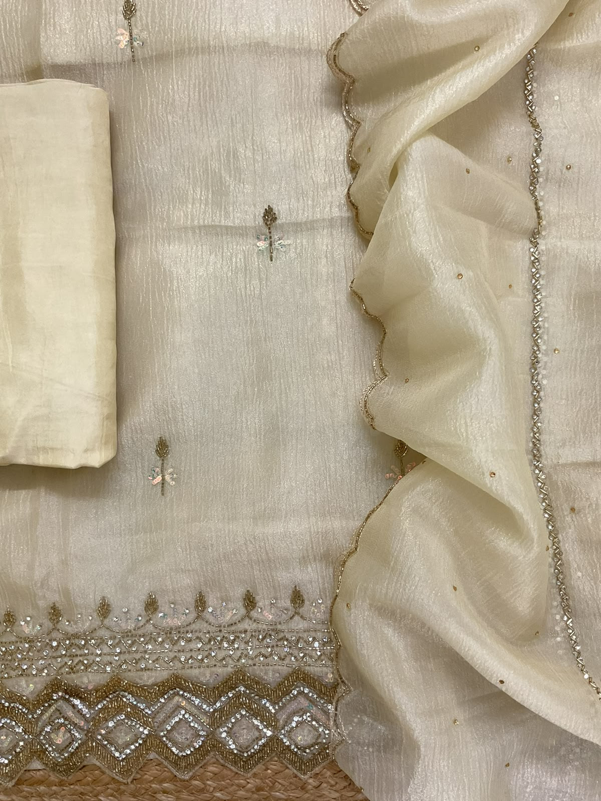 Soft Crushed Tissue Chiffon Embroidered Suit - Cream