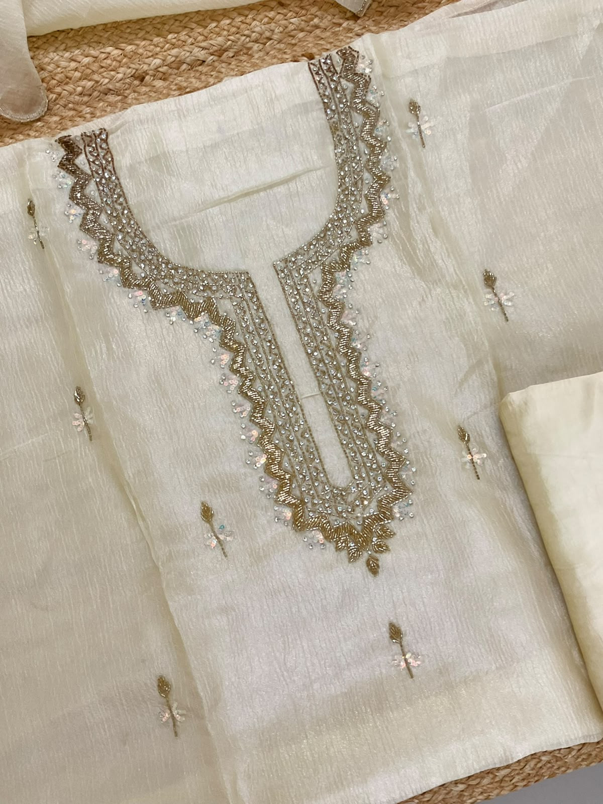 Soft Crushed Tissue Chiffon Embroidered Suit - Cream