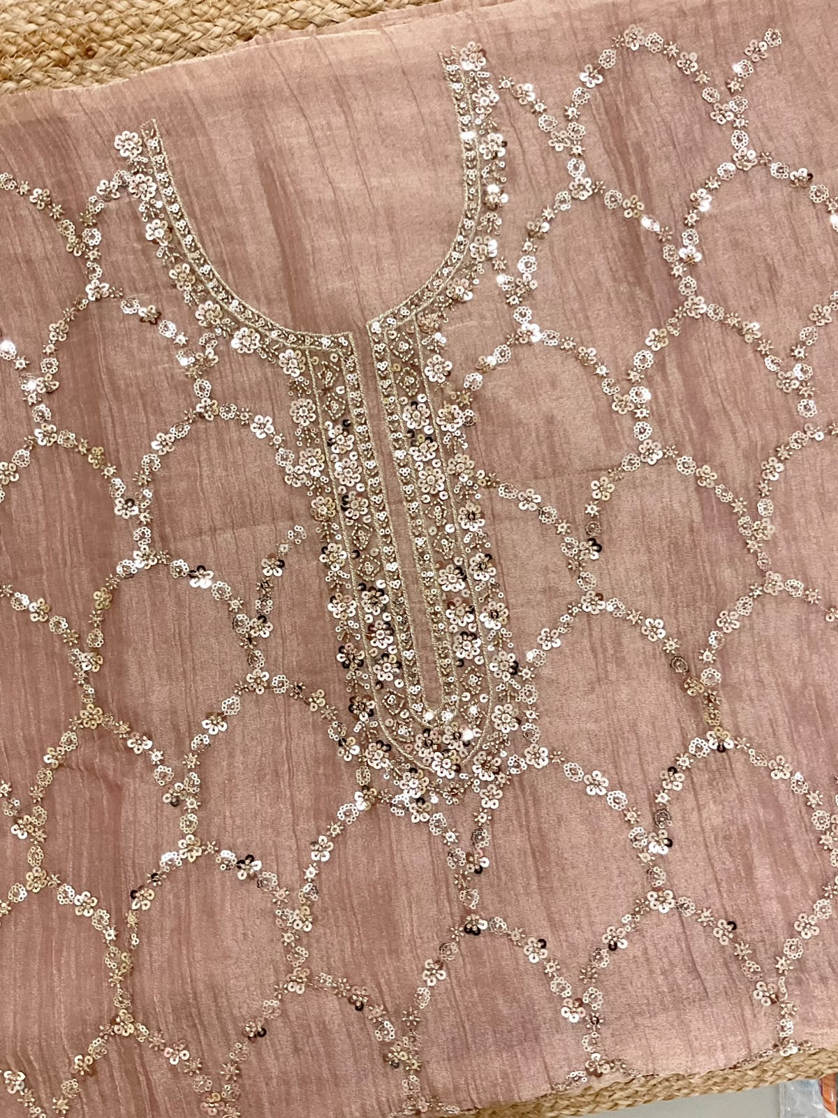 Soft Crushed Tissue Embroidered Suit - Peach