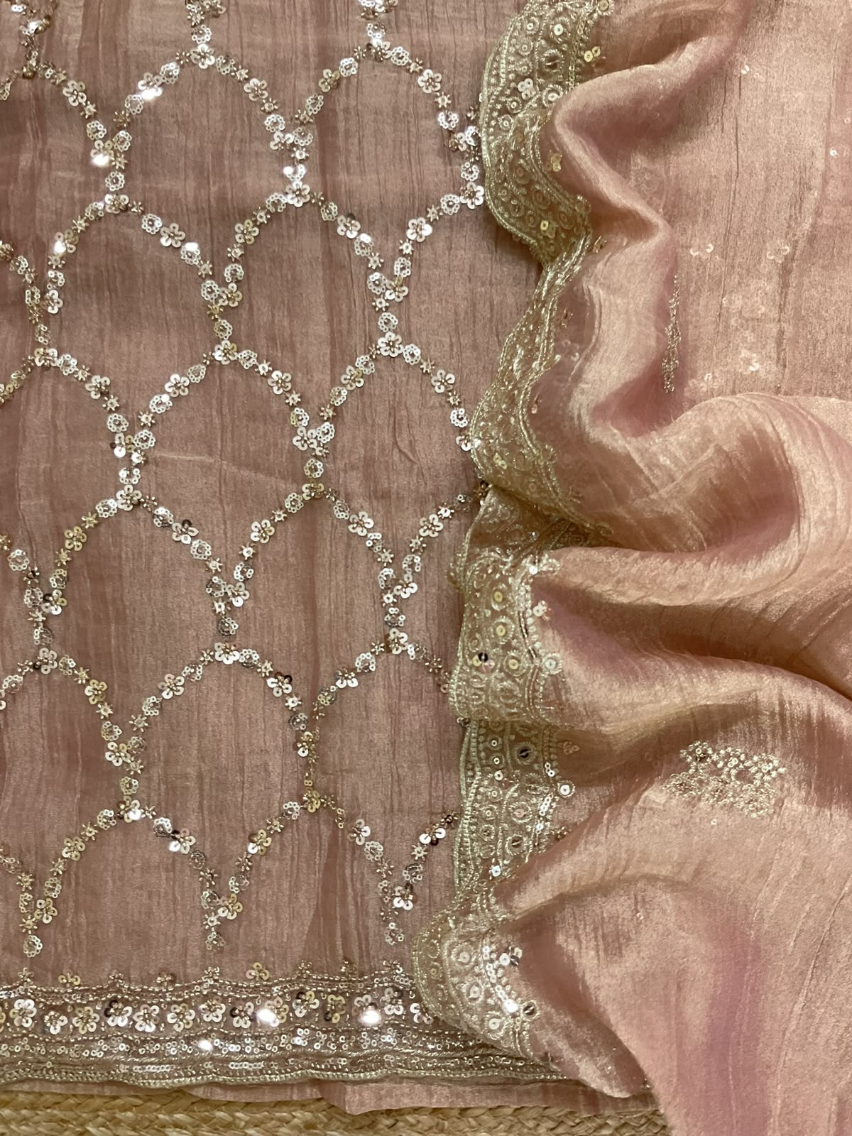 Soft Crushed Tissue Embroidered Suit - Peach