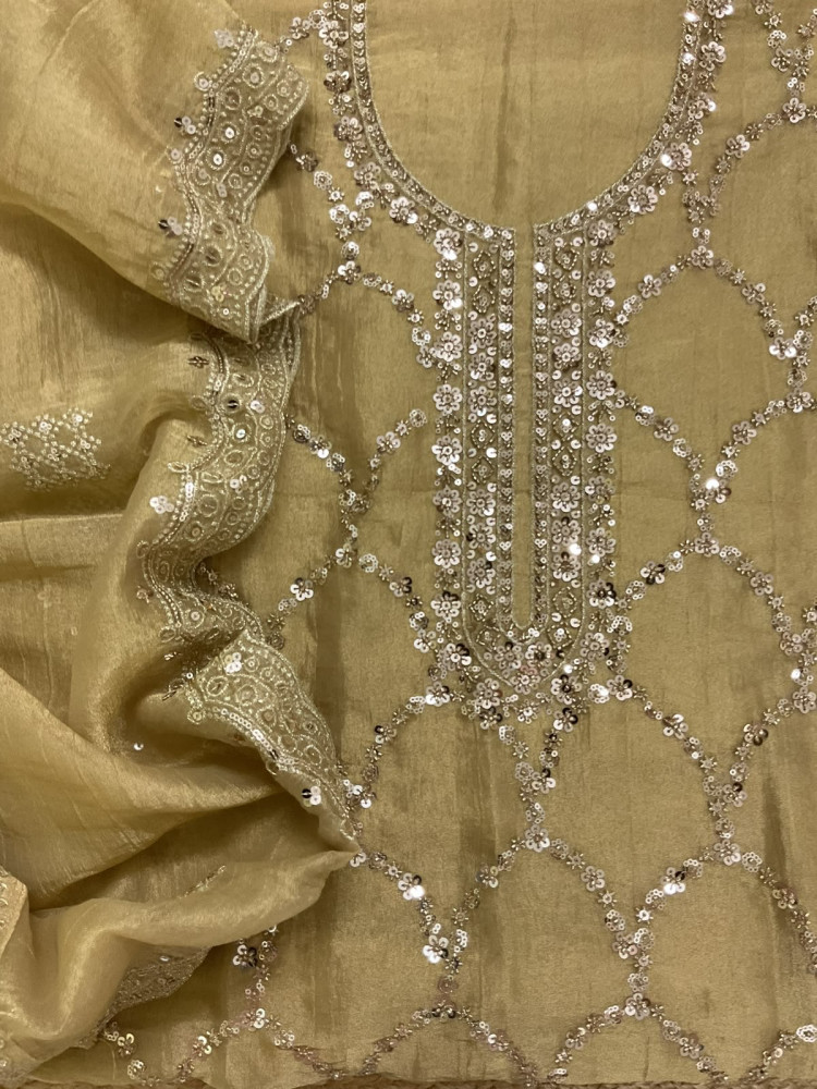 Image of Soft Crushed Tissue Embroidered Suit - Yellow