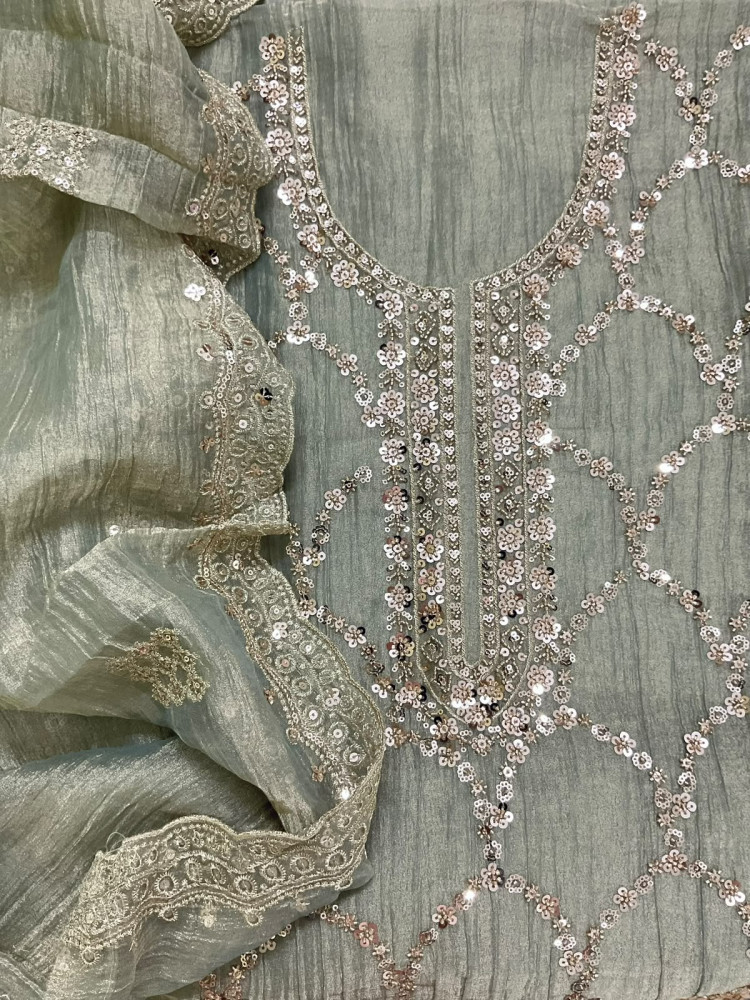 Image of Soft Crushed Tissue Embroidered Suit - Blue