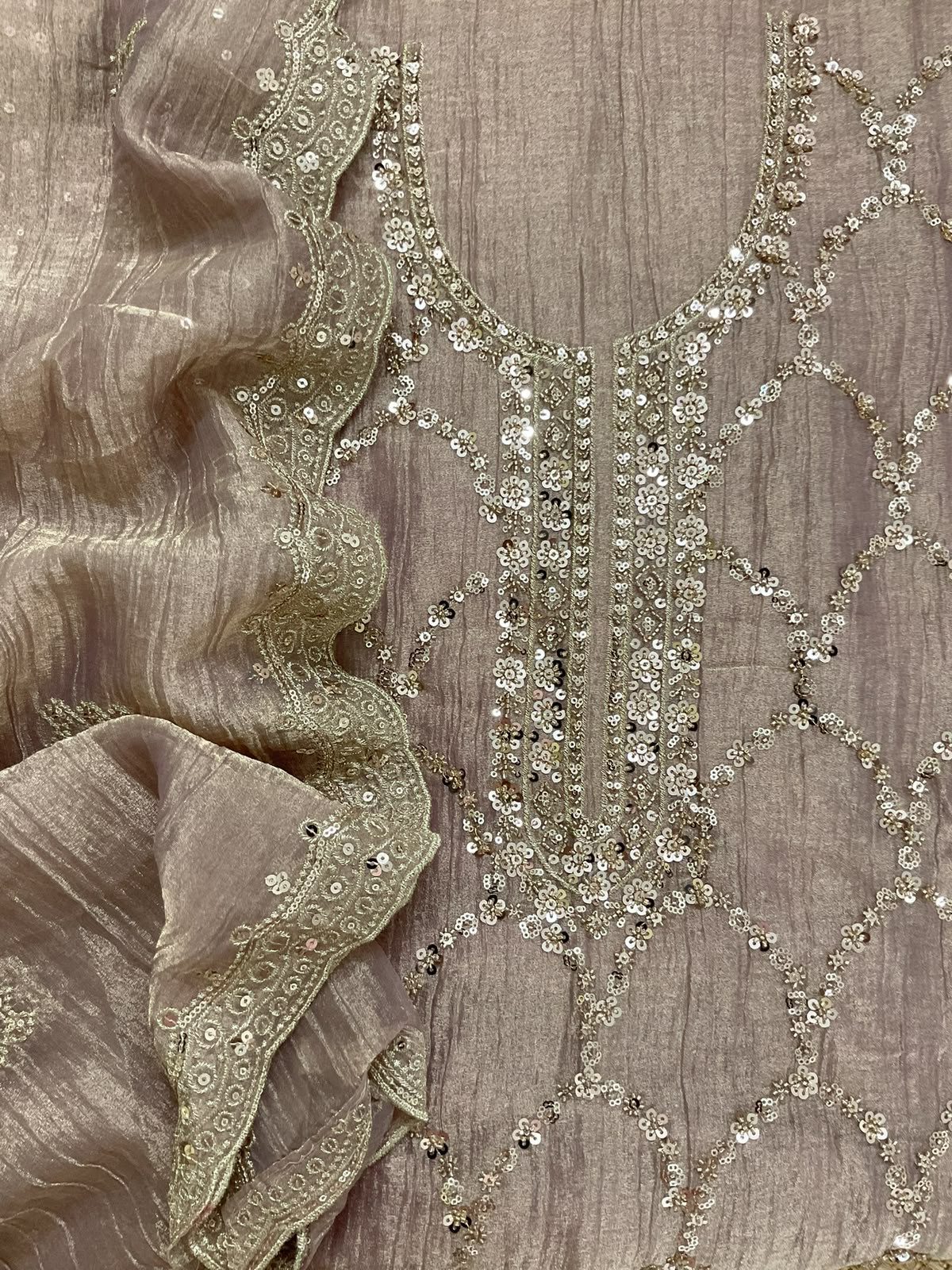 Soft Crushed Tissue Embroidered Suit - Mauve