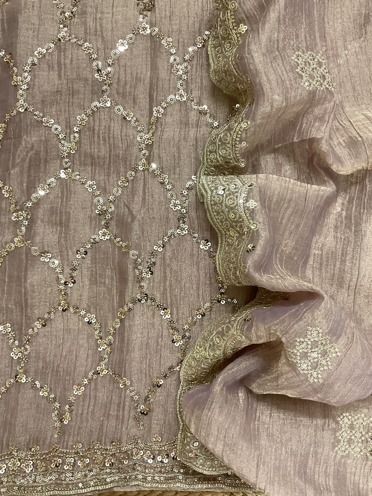 Soft Crushed Tissue Embroidered Suit - Mauve