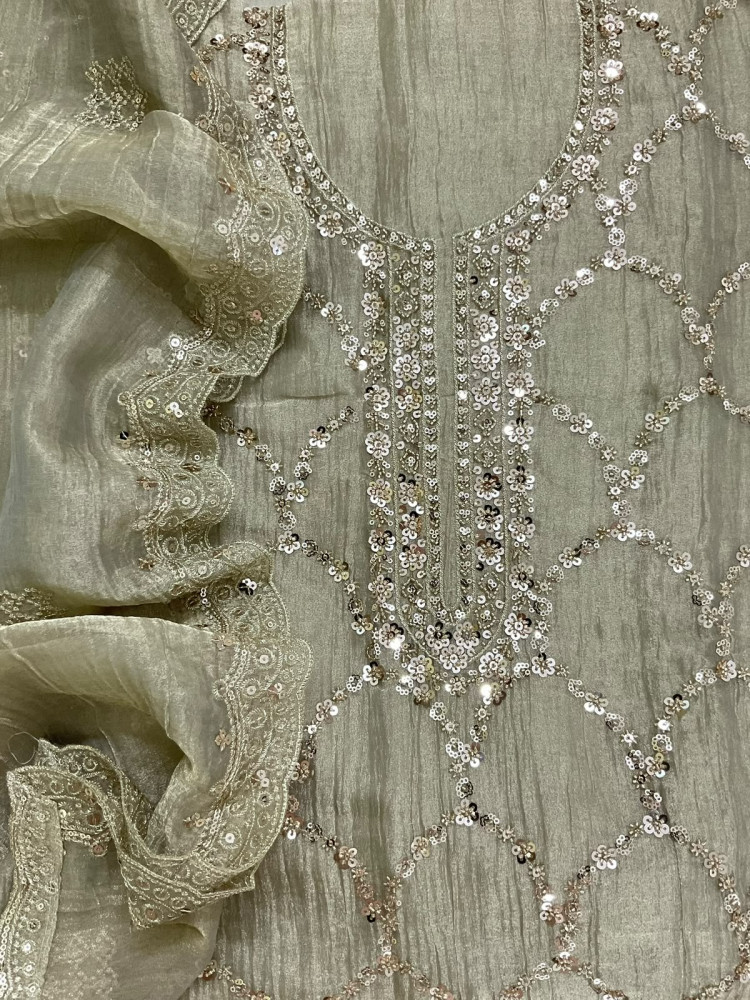 Image of Soft Crushed Tissue Embroidered Suit - Green