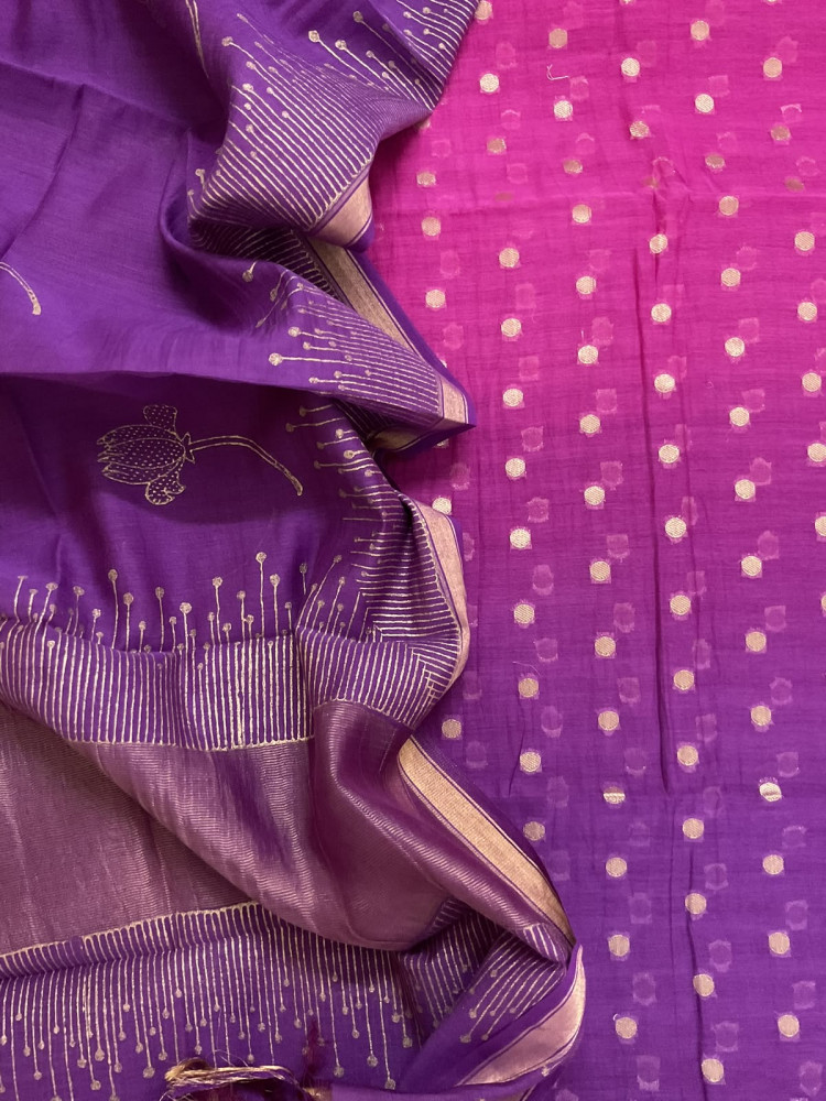 Image of Pure Chanderi Printed Banarasi Weaved Suit - Violet