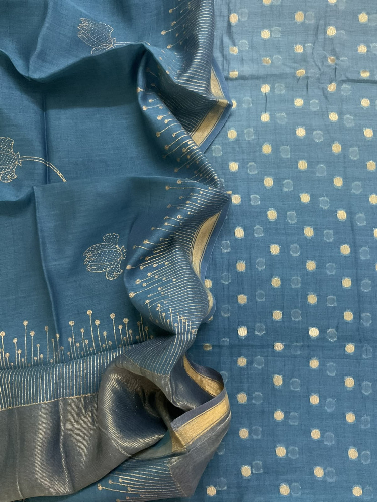 Image of Pure Chanderi Printed Banarasi Weaved Suit - Grey