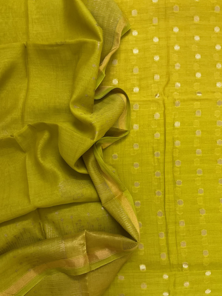 Image of Pure Chanderi Printed Banarasi Weaved Suit - Lime