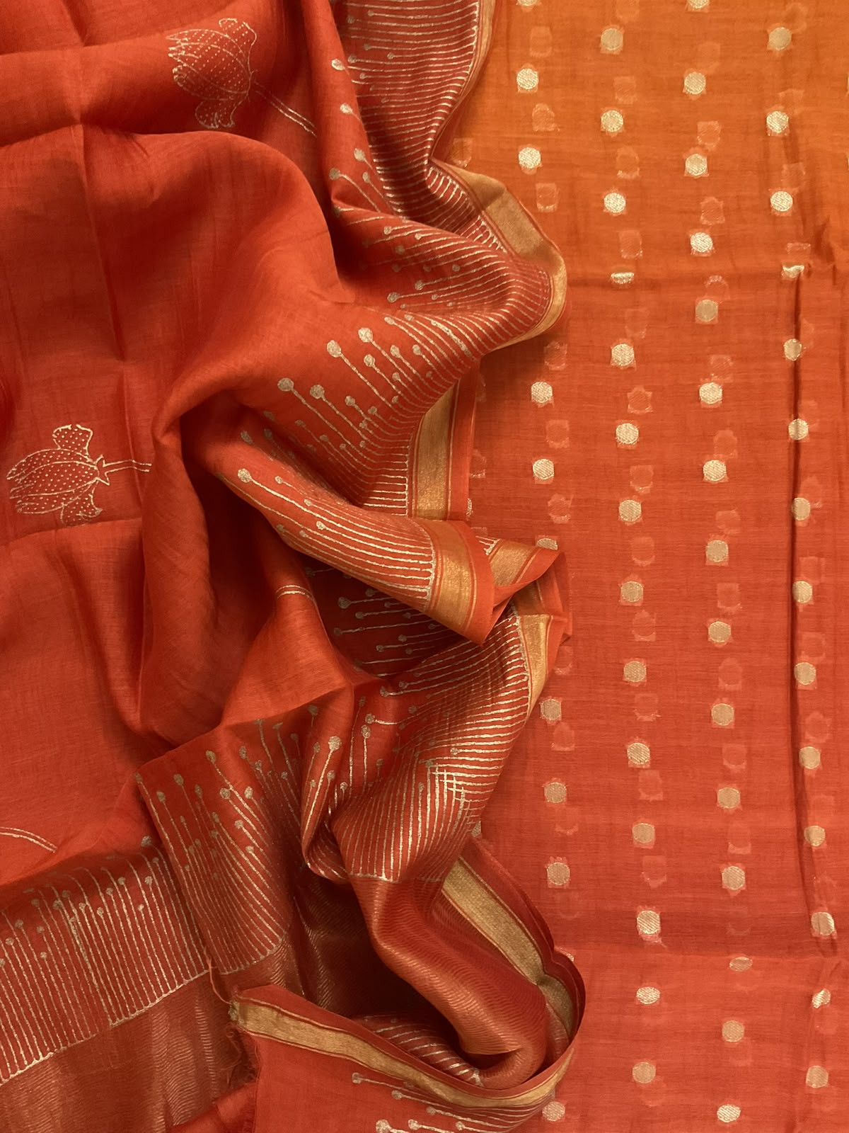 Pure Chanderi Printed Banarasi Weaved Suit - Orange