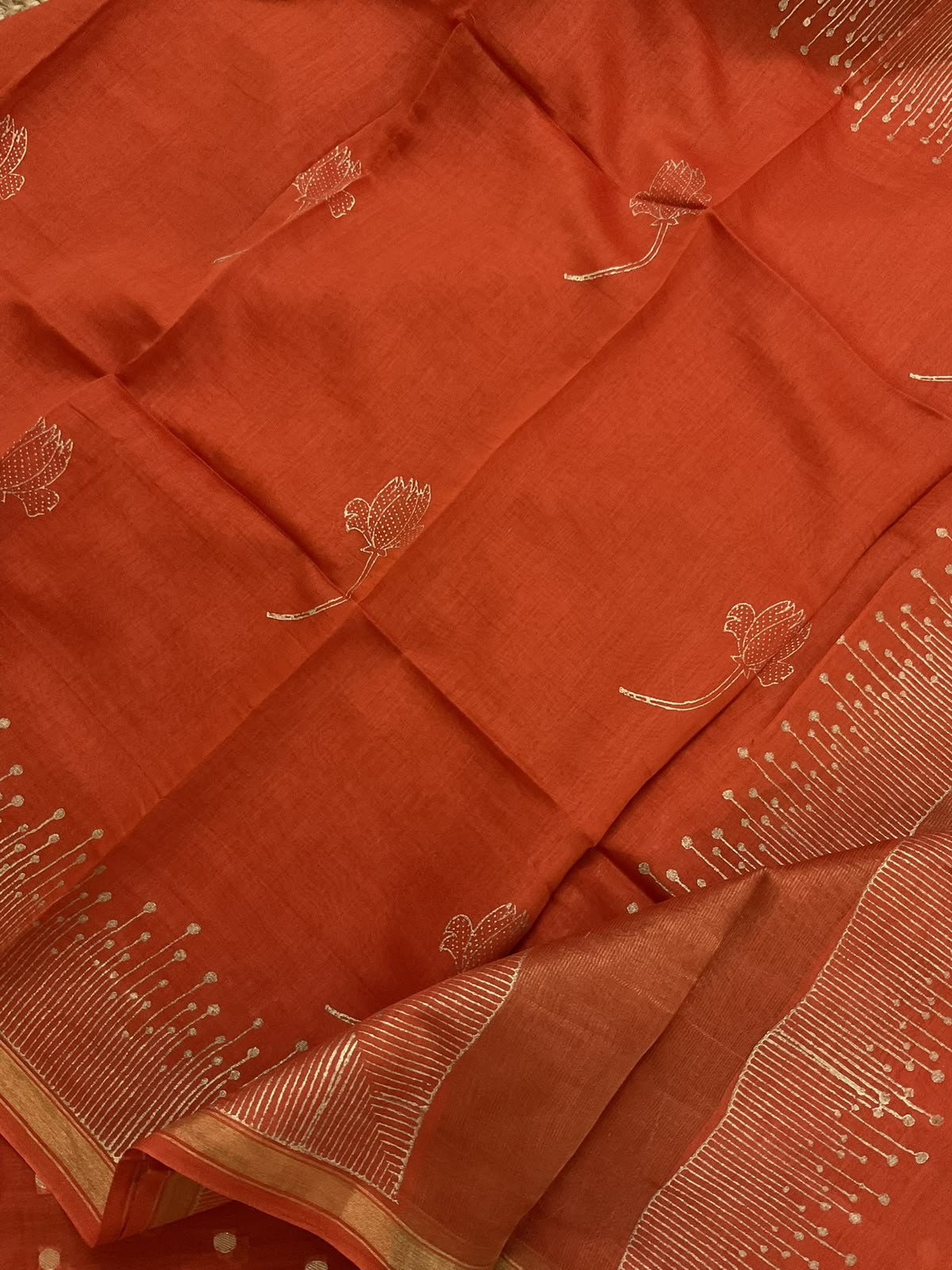 Pure Chanderi Printed Banarasi Weaved Suit - Orange