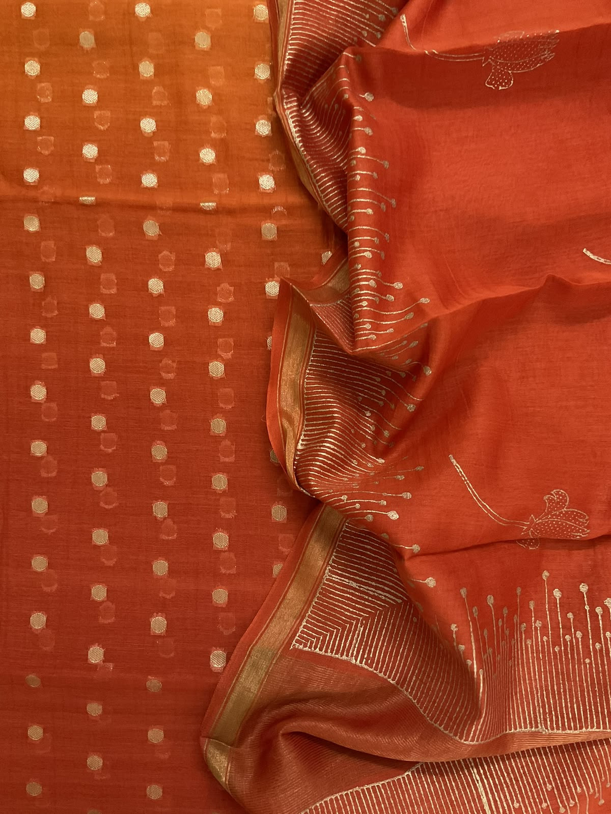 Pure Chanderi Printed Banarasi Weaved Suit - Orange