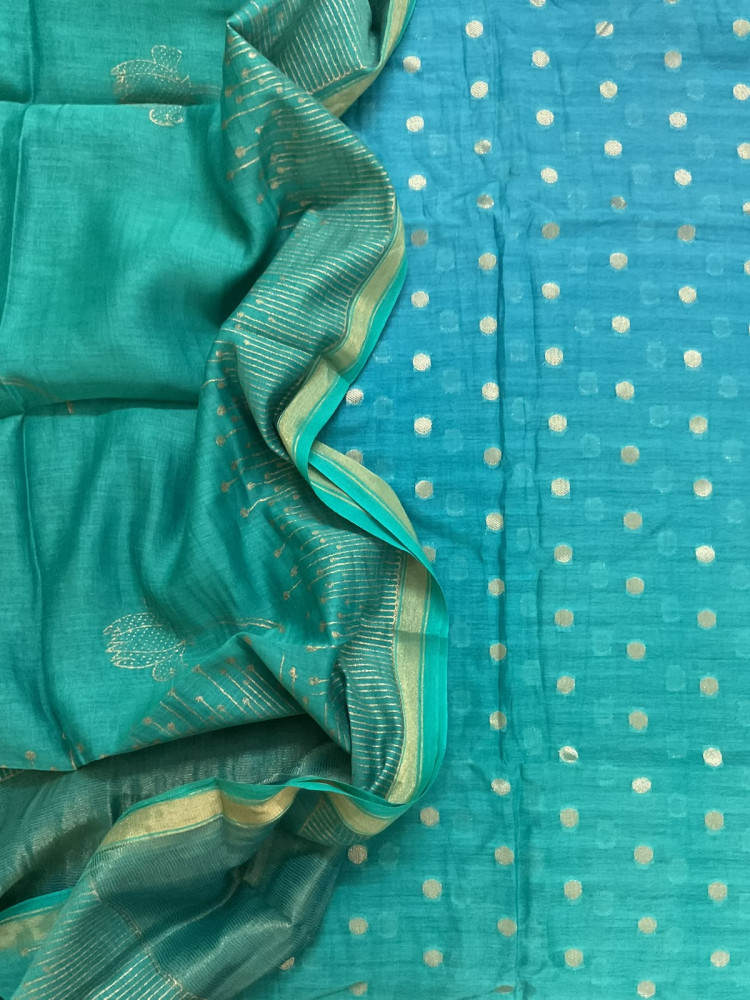 Image of Pure Chanderi Printed Banarasi Weaved Suit - Blue