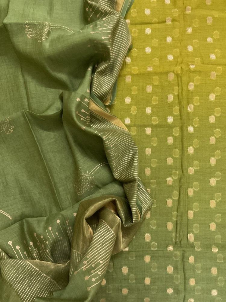 Image of Pure Chanderi Printed Banarasi Weaved Suit - Green
