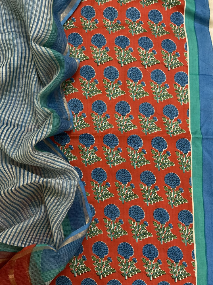Image of Pure Fine Cotton Printed Suit - Orange
