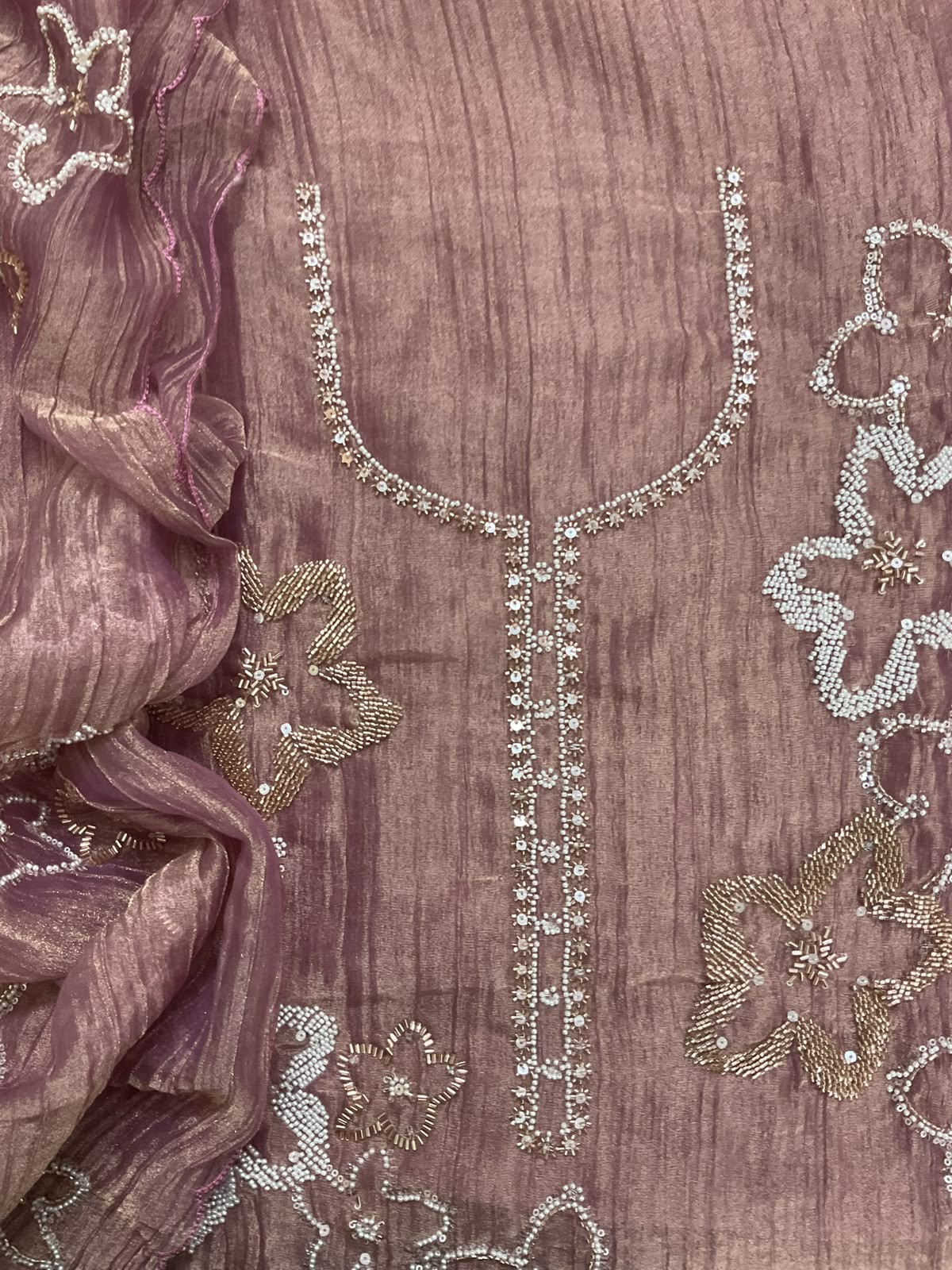 Soft Crushed Tissue Embroidered Suit - Mauve
