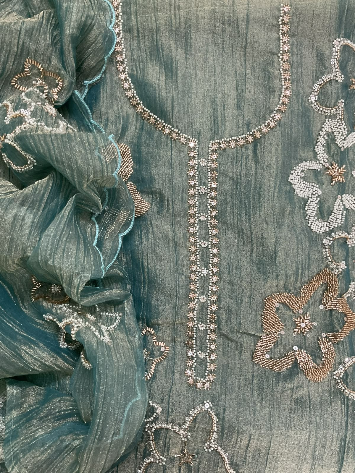 Soft Crushed Tissue Embroidered Suit - Blue