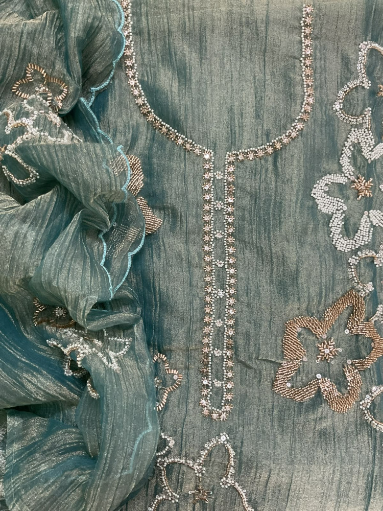 Image of Soft Crushed Tissue Embroidered Suit - Blue