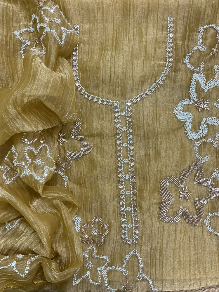 Image of Soft Crushed Tissue Embroidered Suit - Yellow