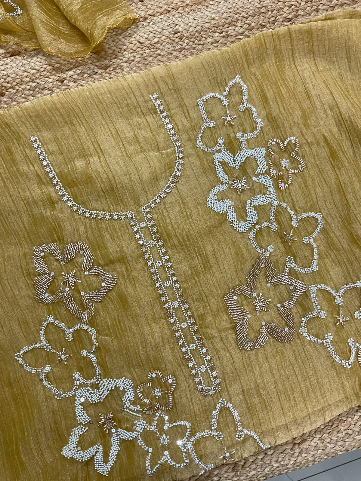 Soft Crushed Tissue Embroidered Suit - Yellow