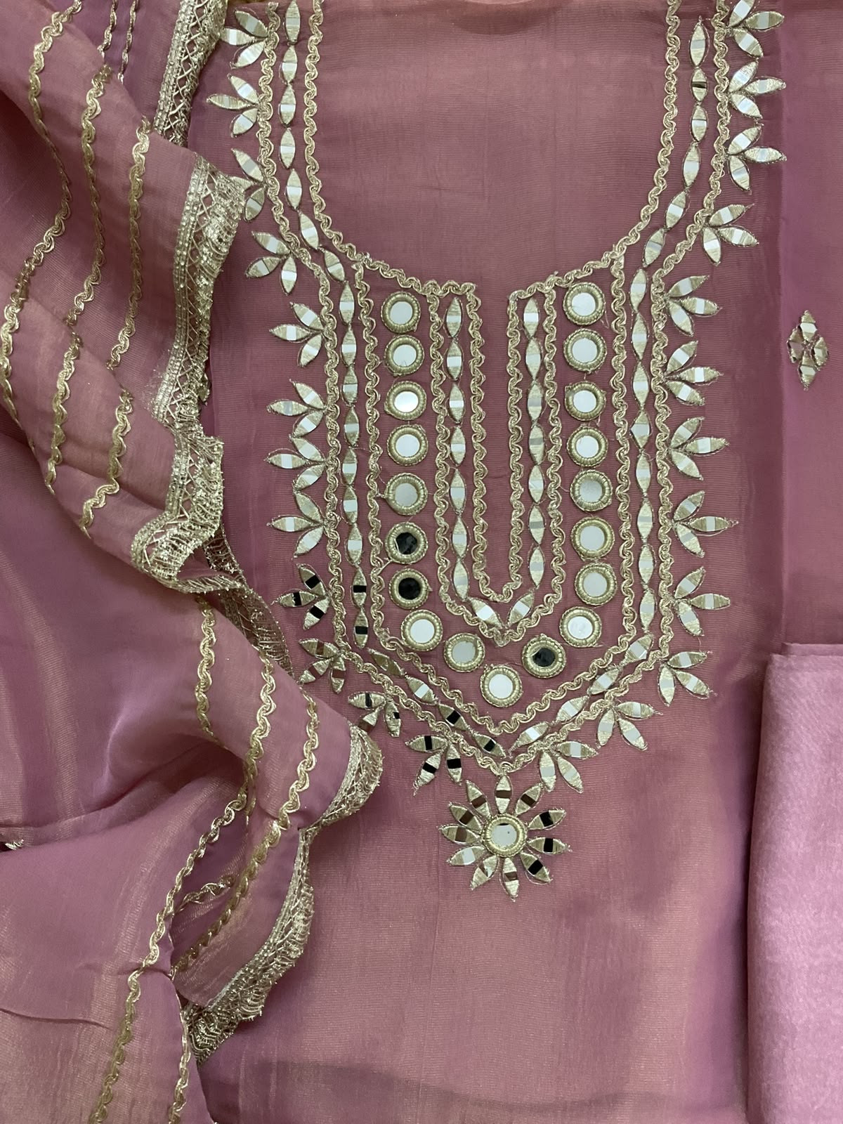 Soft Tissue Chanderi Embroidered Suit - Mauve