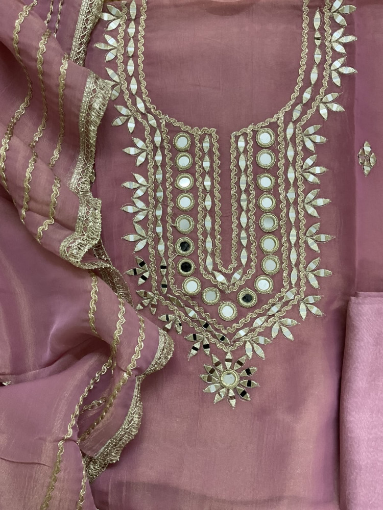 Image of Soft Tissue Chanderi Embroidered Suit - Mauve