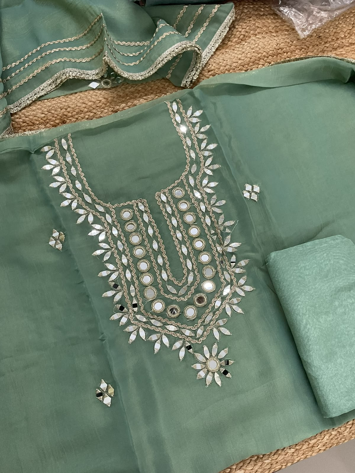 Soft Tissue Chanderi Embroidered Suit - Green
