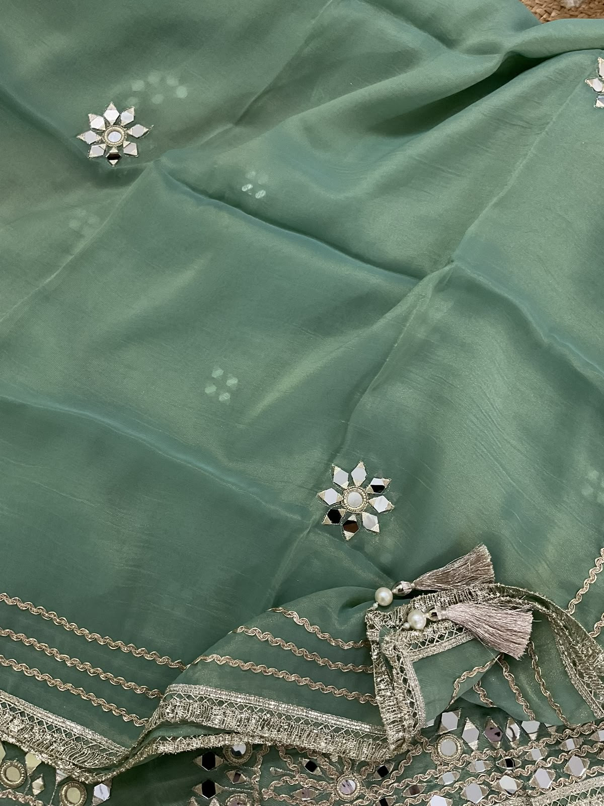 Soft Tissue Chanderi Embroidered Suit - Green