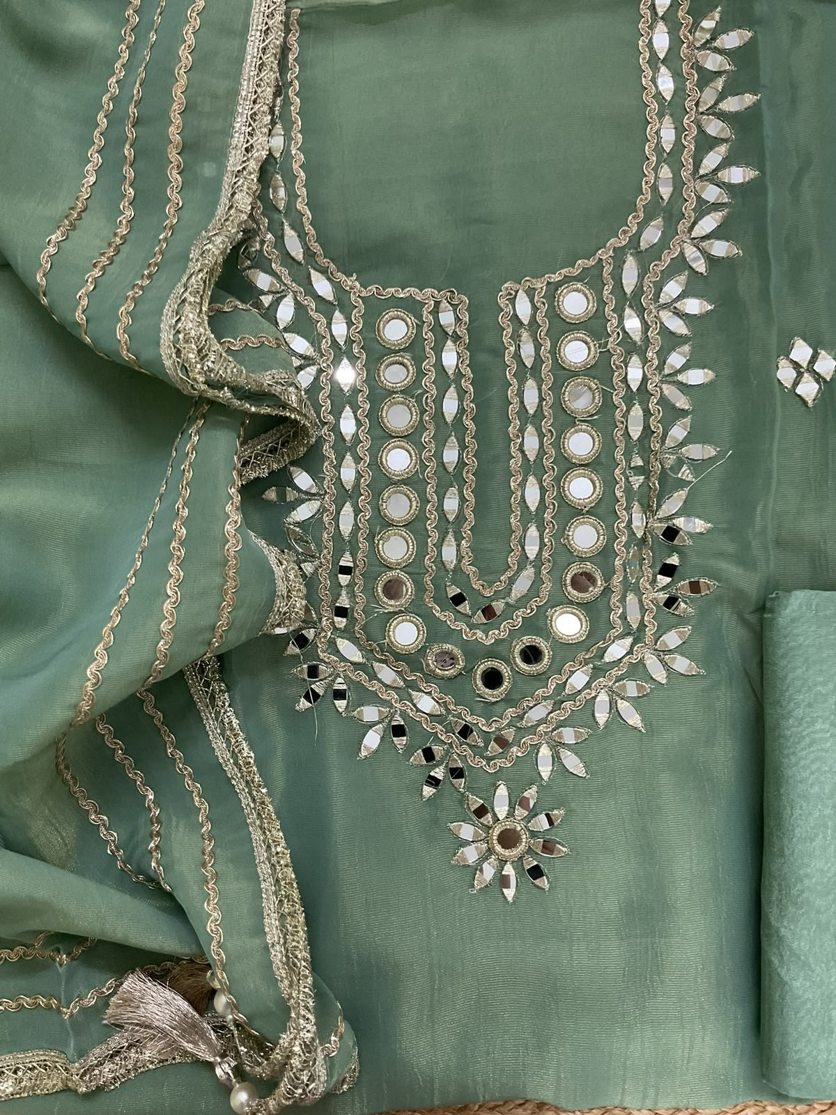 Soft Tissue Chanderi Embroidered Suit - Green