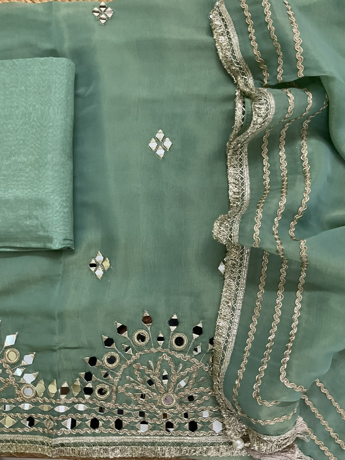 Soft Tissue Chanderi Embroidered Suit - Green