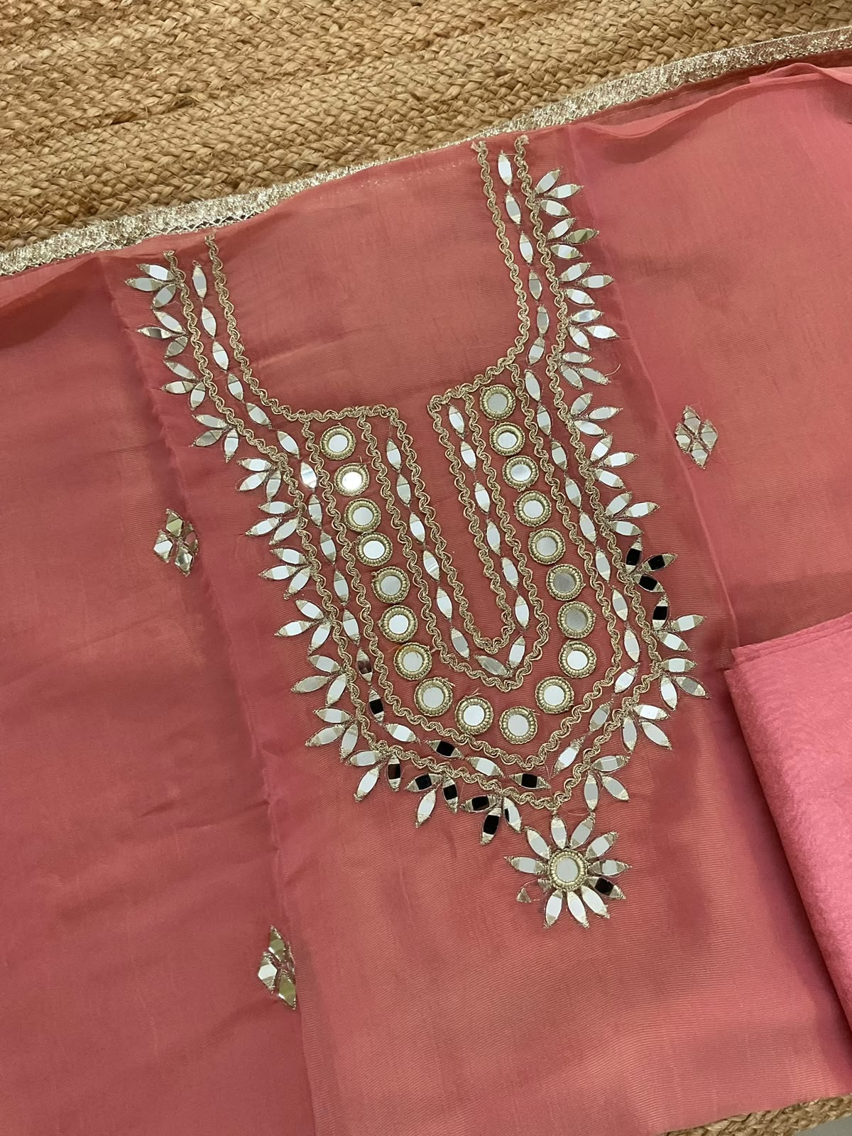 Soft Tissue Chanderi Embroidered Suit - Peach