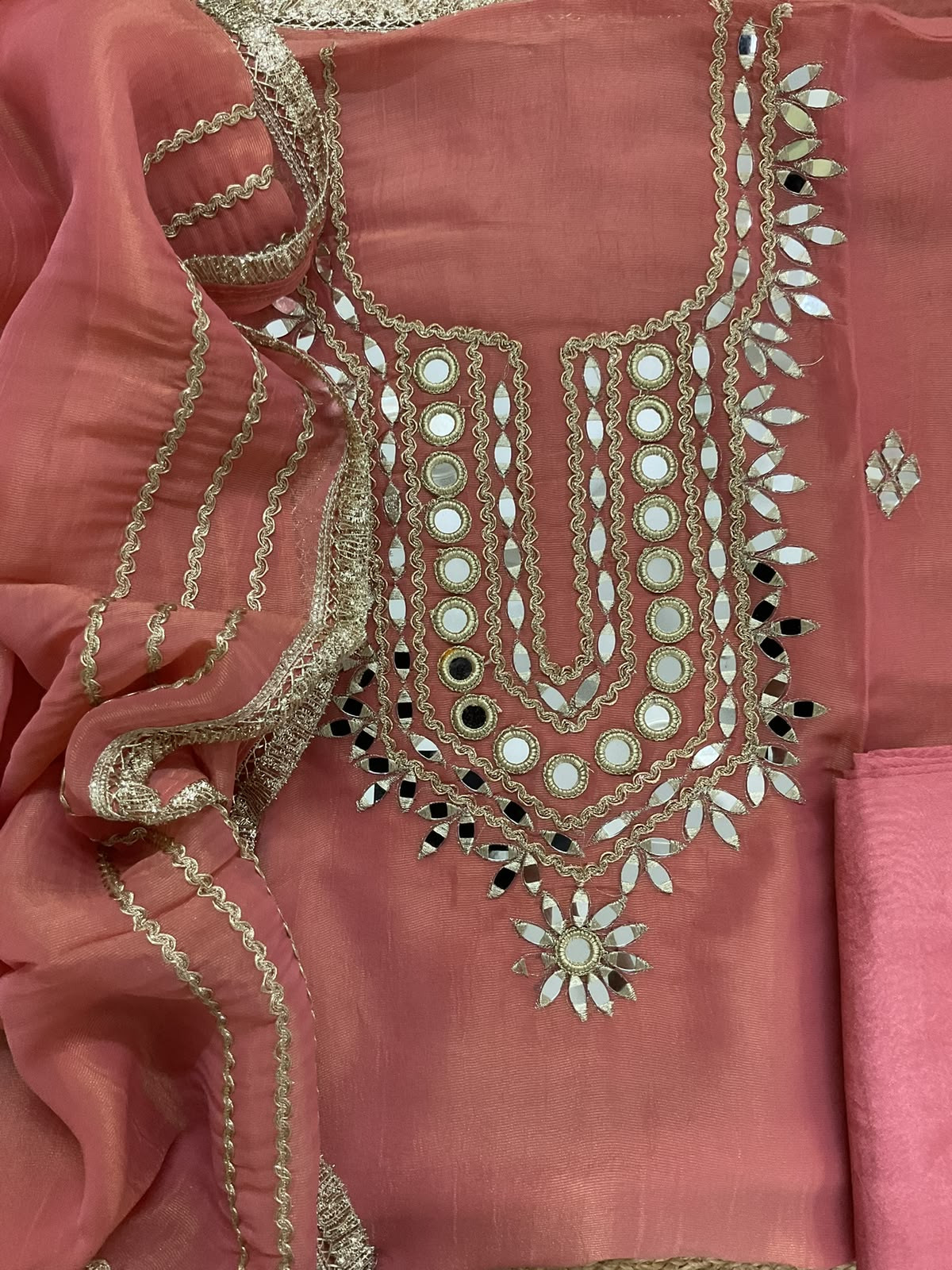 Soft Tissue Chanderi Embroidered Suit - Peach