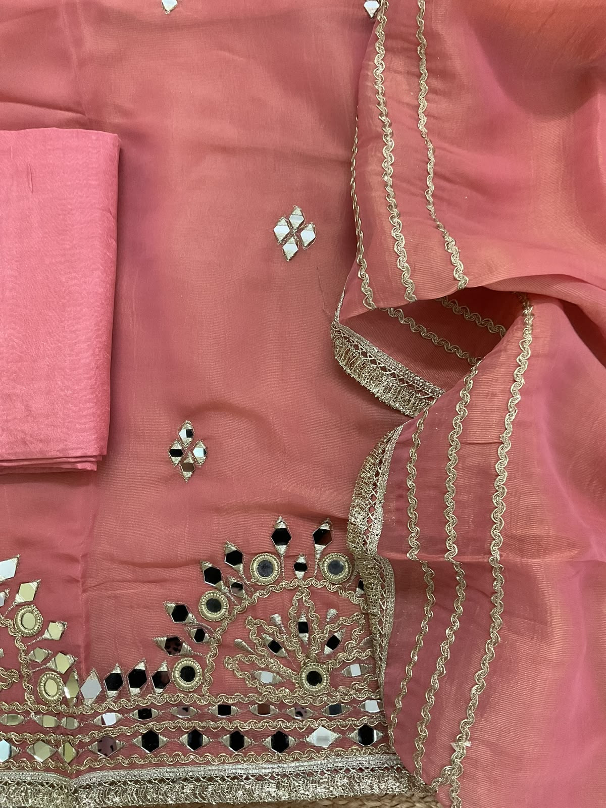 Soft Tissue Chanderi Embroidered Suit - Peach