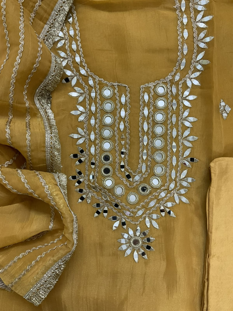 Image of Soft Tissue Chanderi Embroidered Suit - Yellow