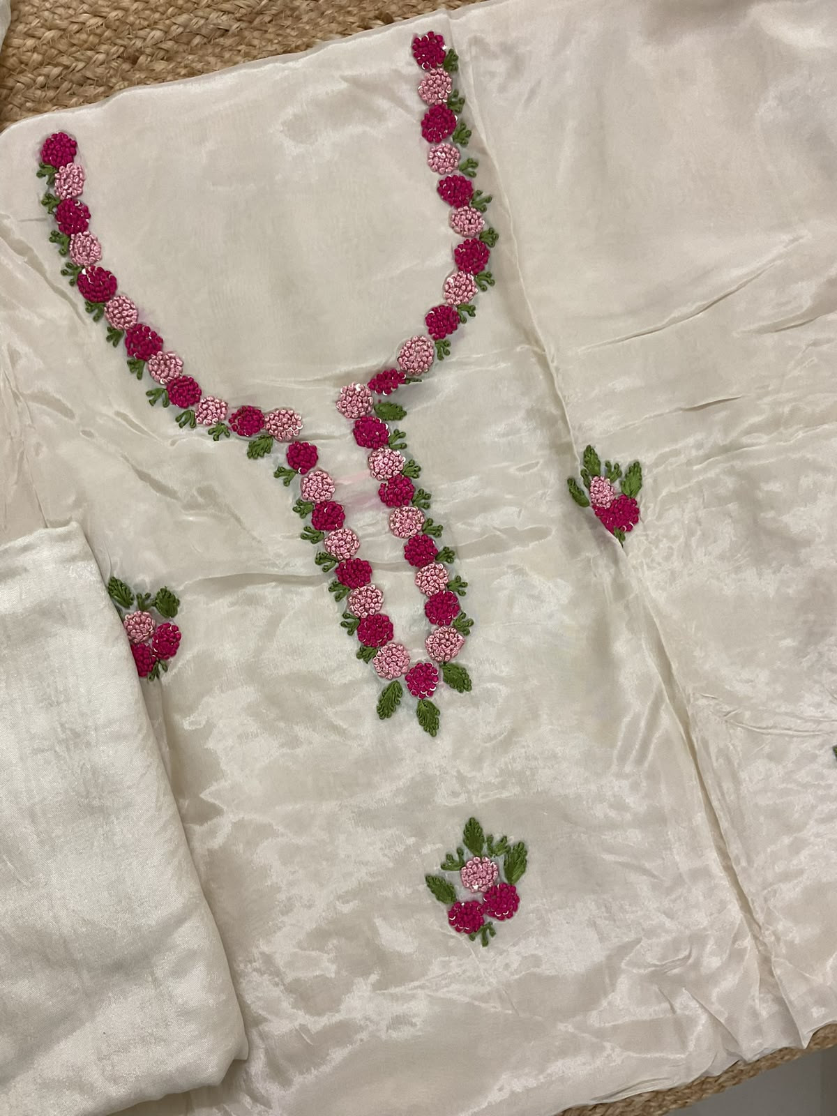 Soft Dola Silk Embroidered Suit - Cream