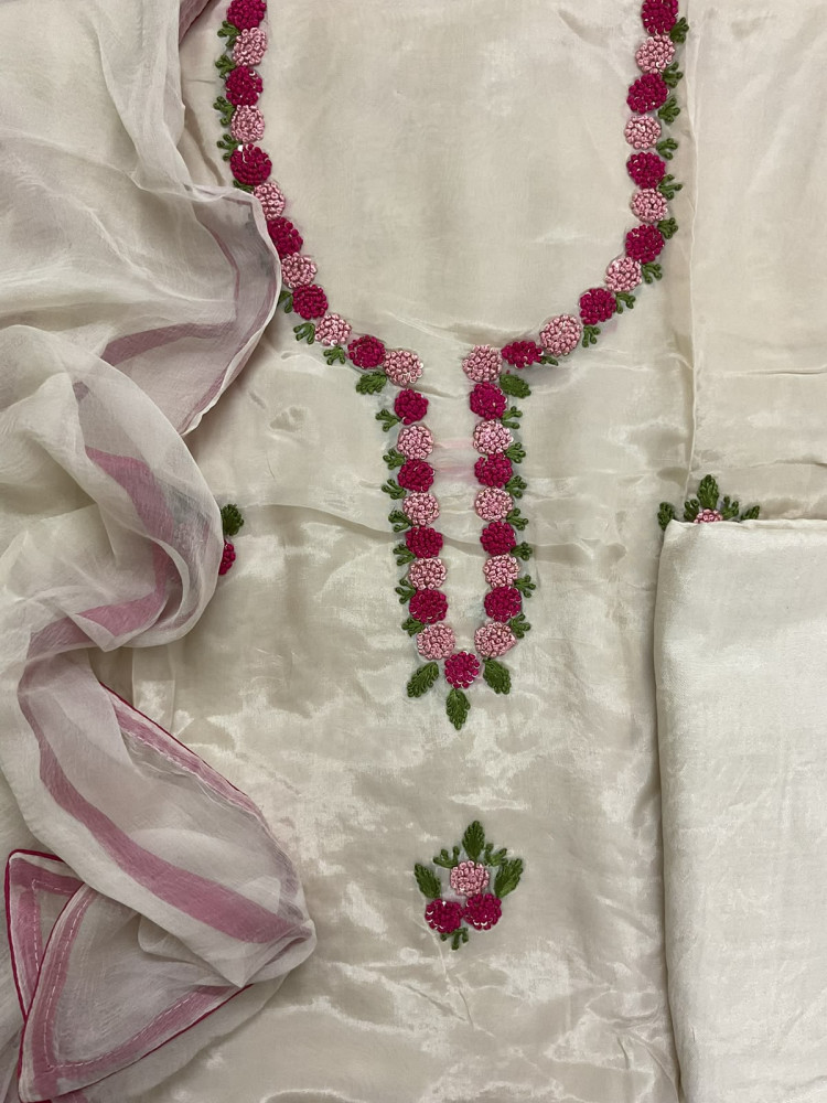 Image of Soft Dola Silk Embroidered Suit - Cream