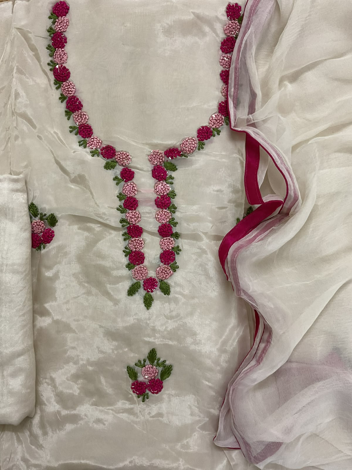 Soft Dola Silk Embroidered Suit - Cream