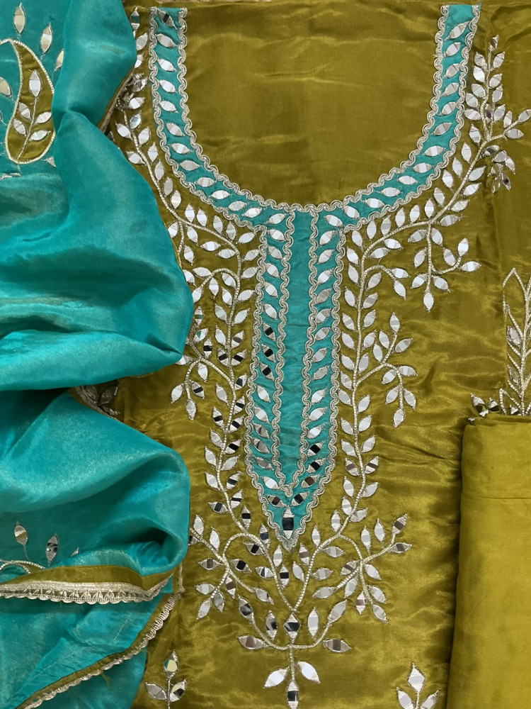 Image of Soft Tissue Chanderi Embroidered Suit - Green