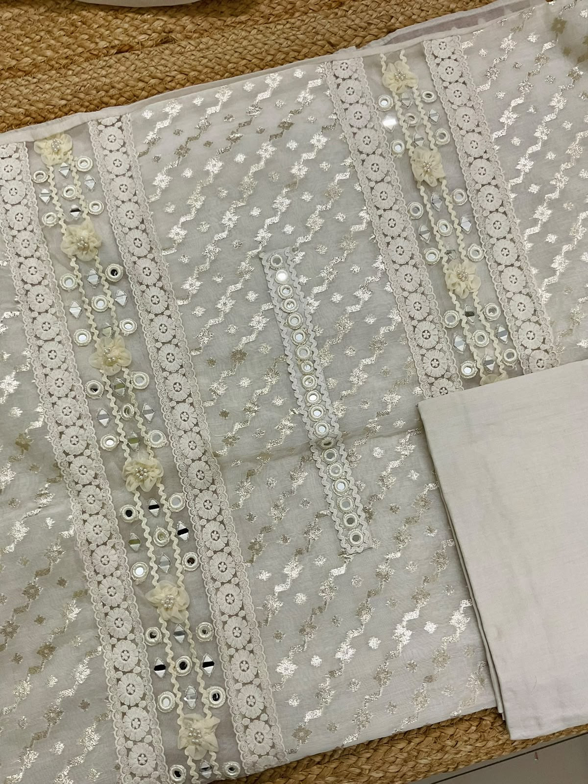 Soft Chanderi Banarasi Weaved Embroidered Suit - Off White