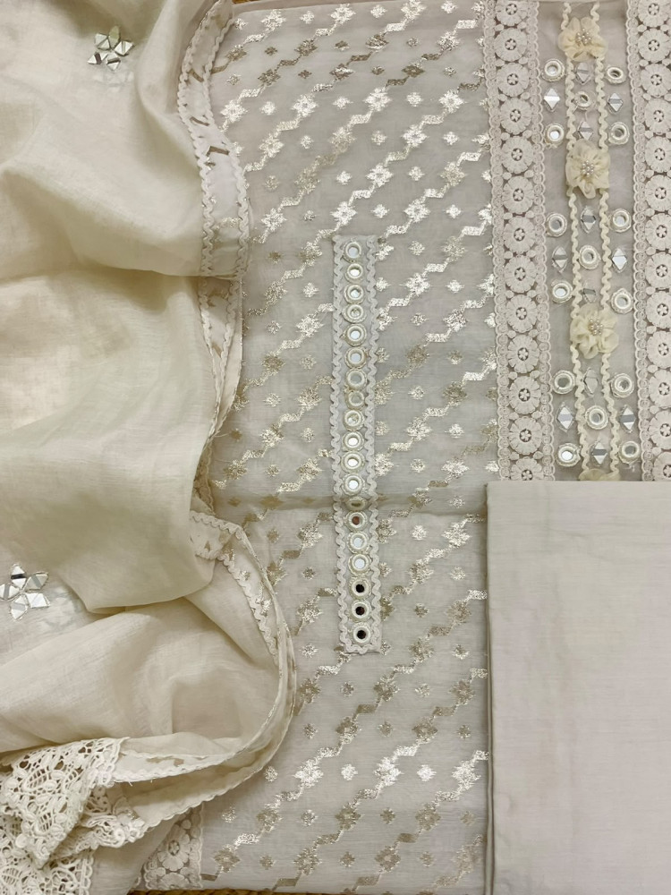 Image of Soft Chanderi Banarasi Weaved Embroidered Suit - Off White