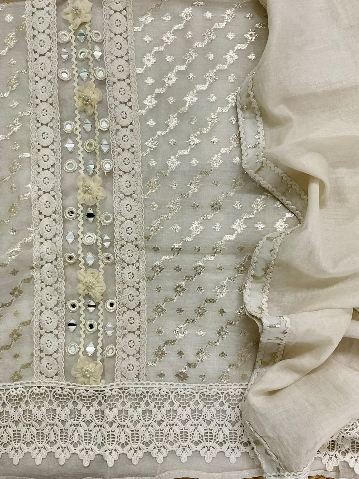 Soft Chanderi Banarasi Weaved Embroidered Suit - Off White