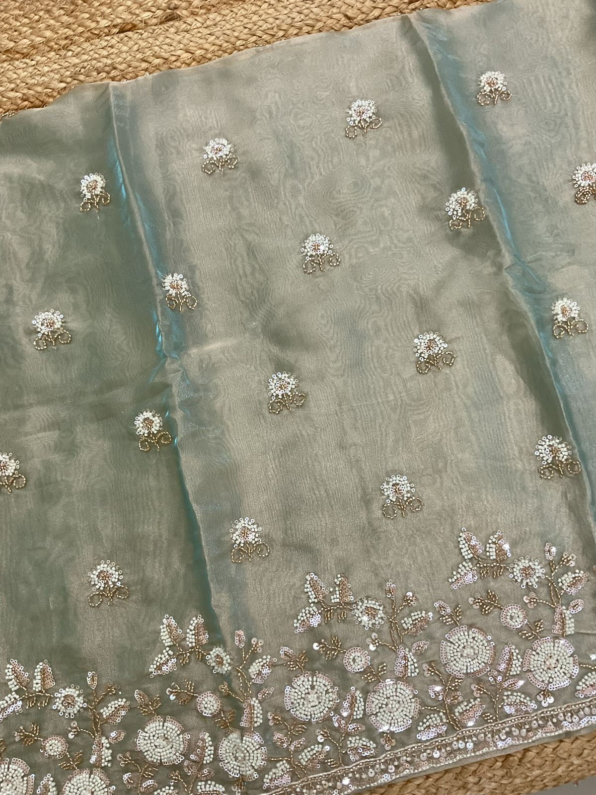 Soft Tissue Organza Embroidered Suit - Blue