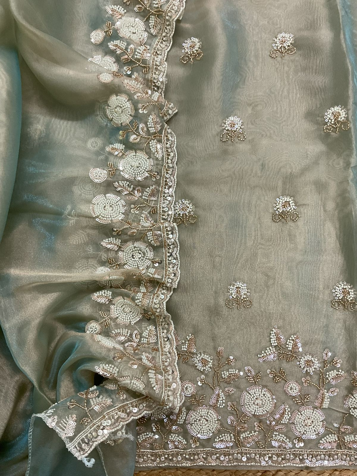 Soft Tissue Organza Embroidered Suit - Blue