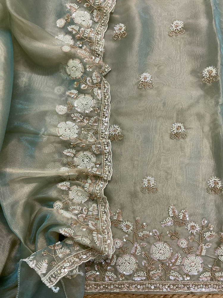 Image of Soft Tissue Organza Embroidered Suit - Blue