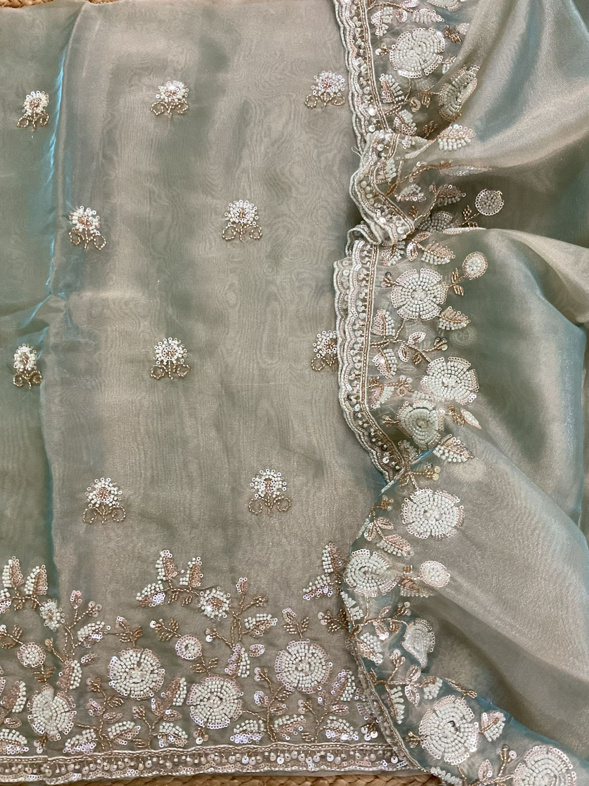 Soft Tissue Organza Embroidered Suit - Blue