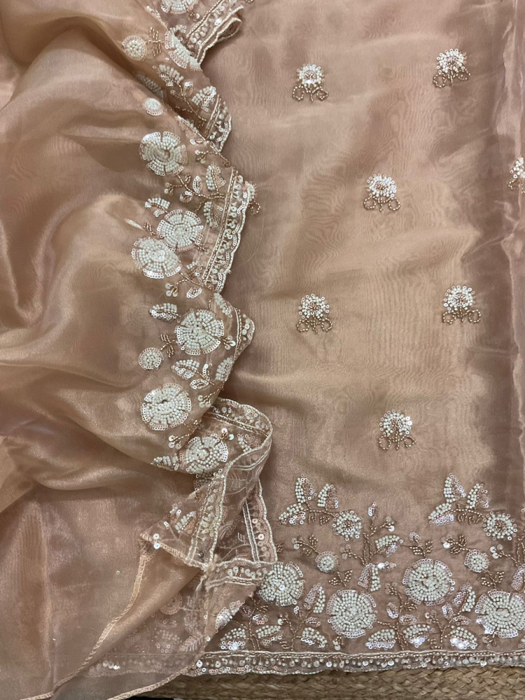 Image of Soft Tissue Organza Embroidered Suit - Peach