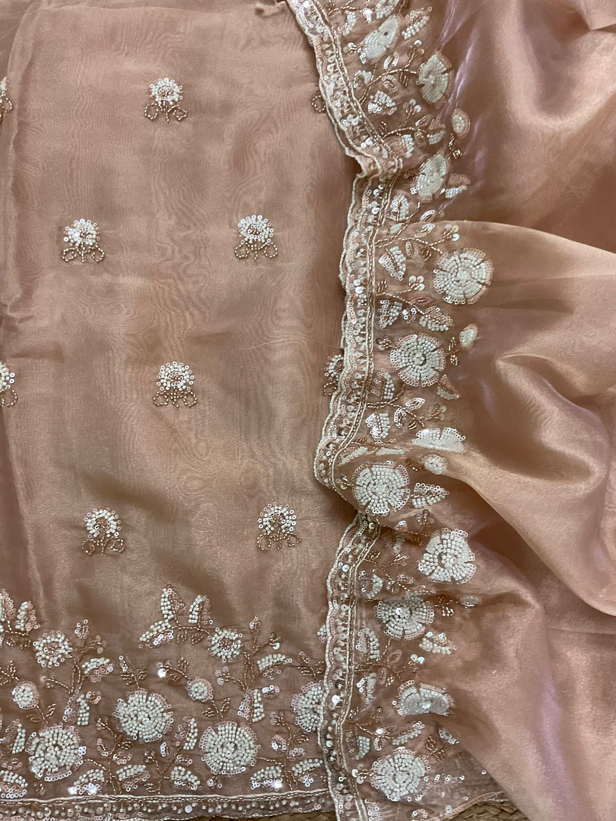 Soft Tissue Organza Embroidered Suit - Peach