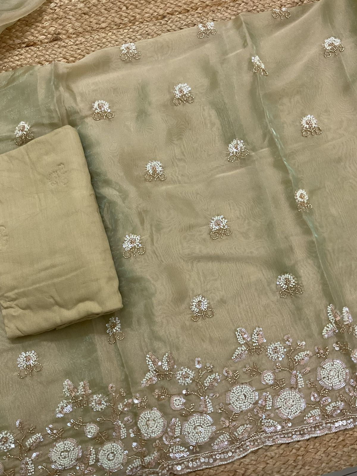 Soft Tissue Organza Embroidered Suit - Green