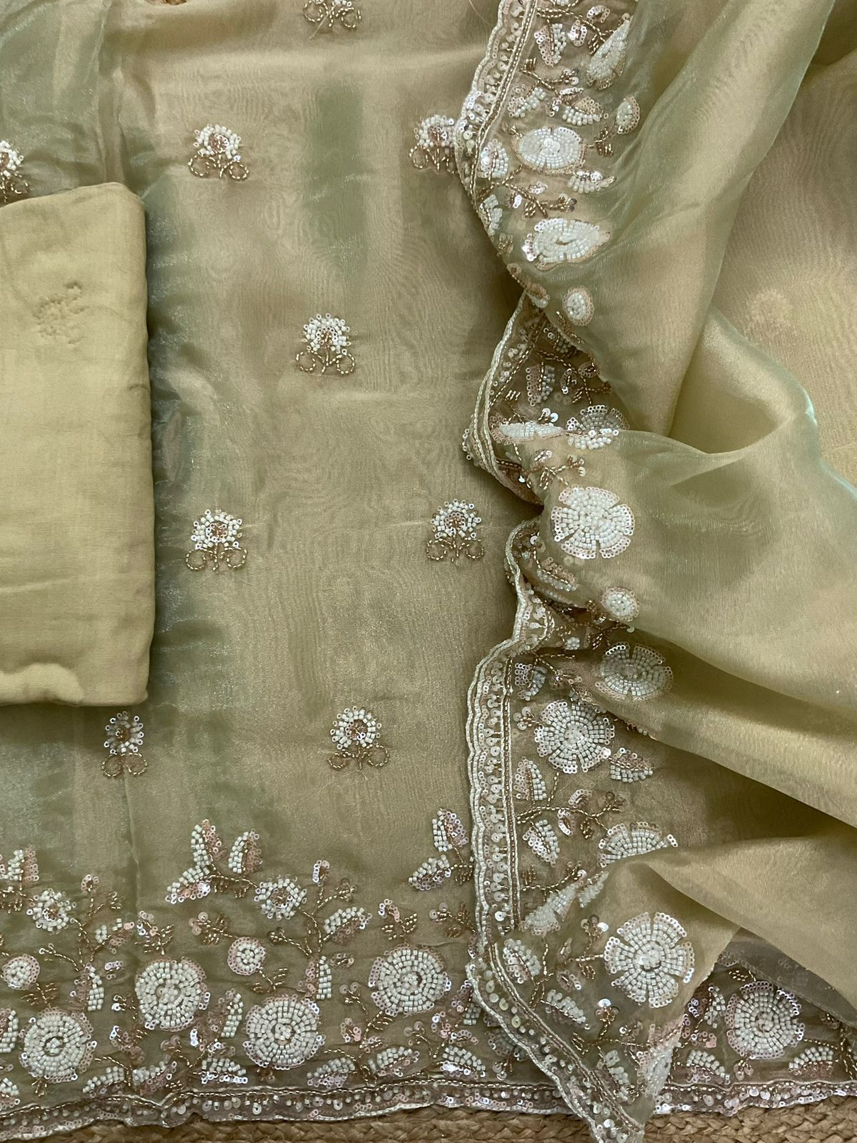 Soft Tissue Organza Embroidered Suit - Green