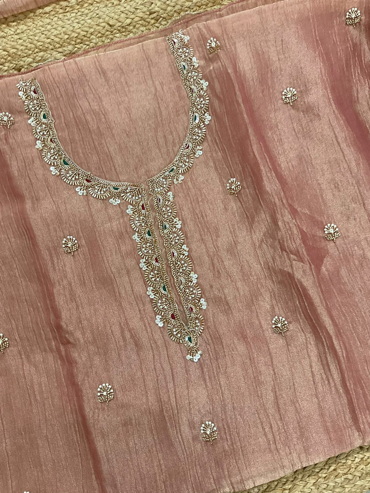 Soft Crushed Tissue Embroidered Suit - Peach